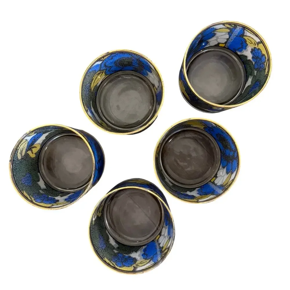 Vintage 1960s CCC Hazel Atlas Blue Yellow Floral Faux Stained Glass Set of 5 - Picture 3 of 16
